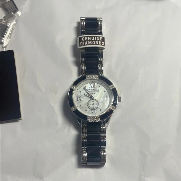 Anne Klein Silver and Black Watch & Real Diamonds NWT - www  display picture 2